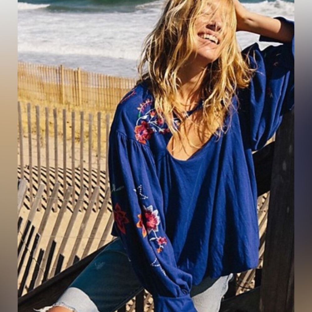 Free People Lita Embroidered Top Blue - Large - Picture 2 of 11
